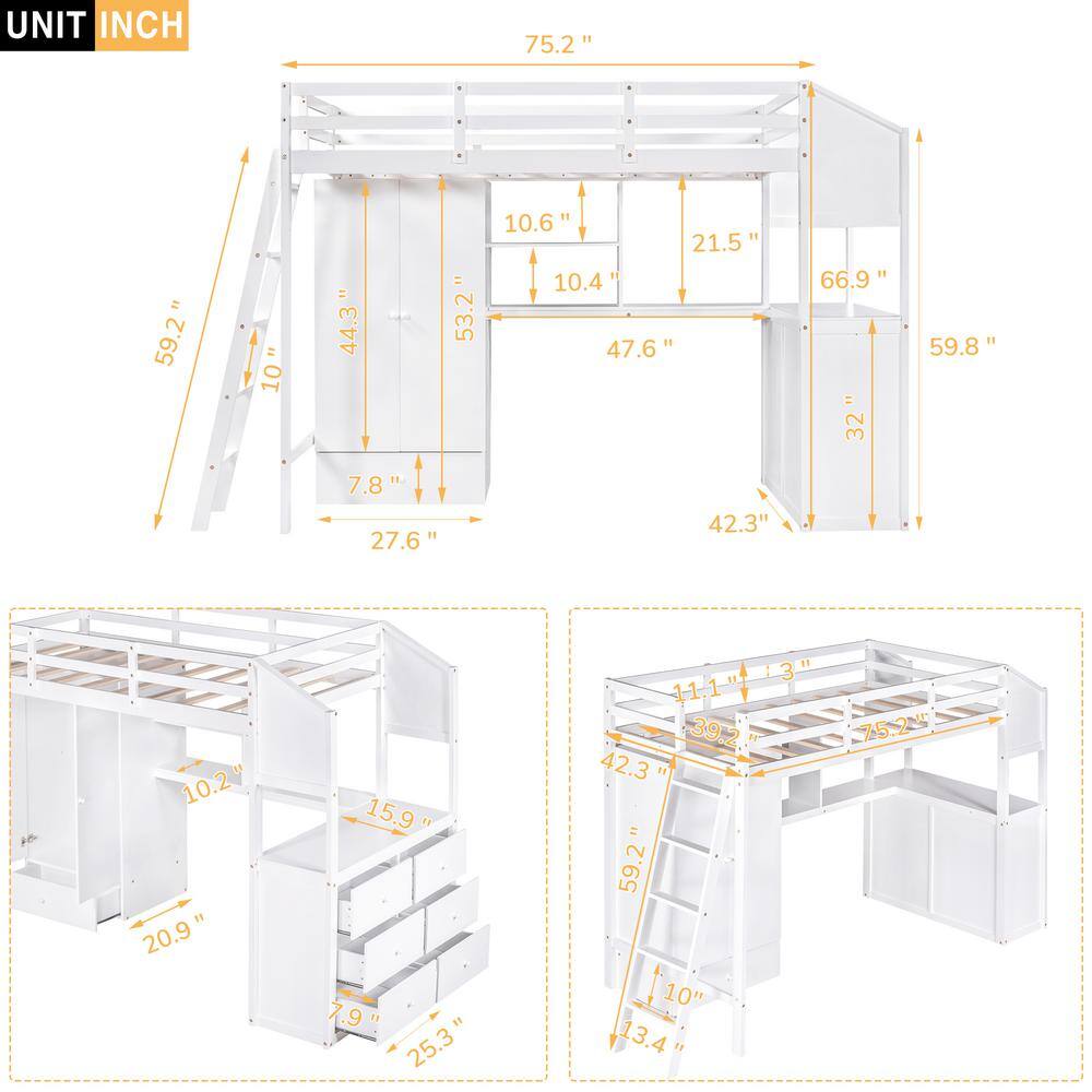 Harper & Bright Designs White Twin Loft Bed with Wardrobe, 7-Drawers and Attached Desk with Shelves
