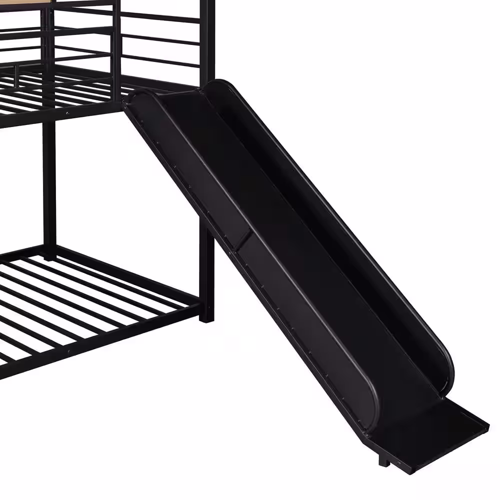 None Twin Metal Bunk Bed, Metal House bed with Slide Black with Black Slide