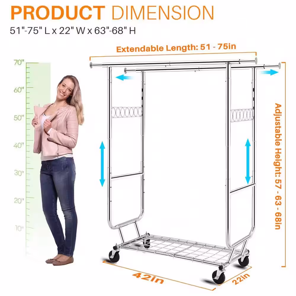 None Chrome Metal Adjustable Garment Clothes Rack 42 in. W x 68 in. H