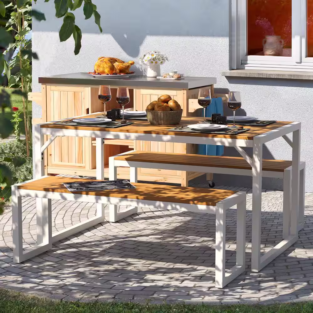 DEXTRUS 3-Piece Patio Dining Set with Rectangular Table and Two Long Benches