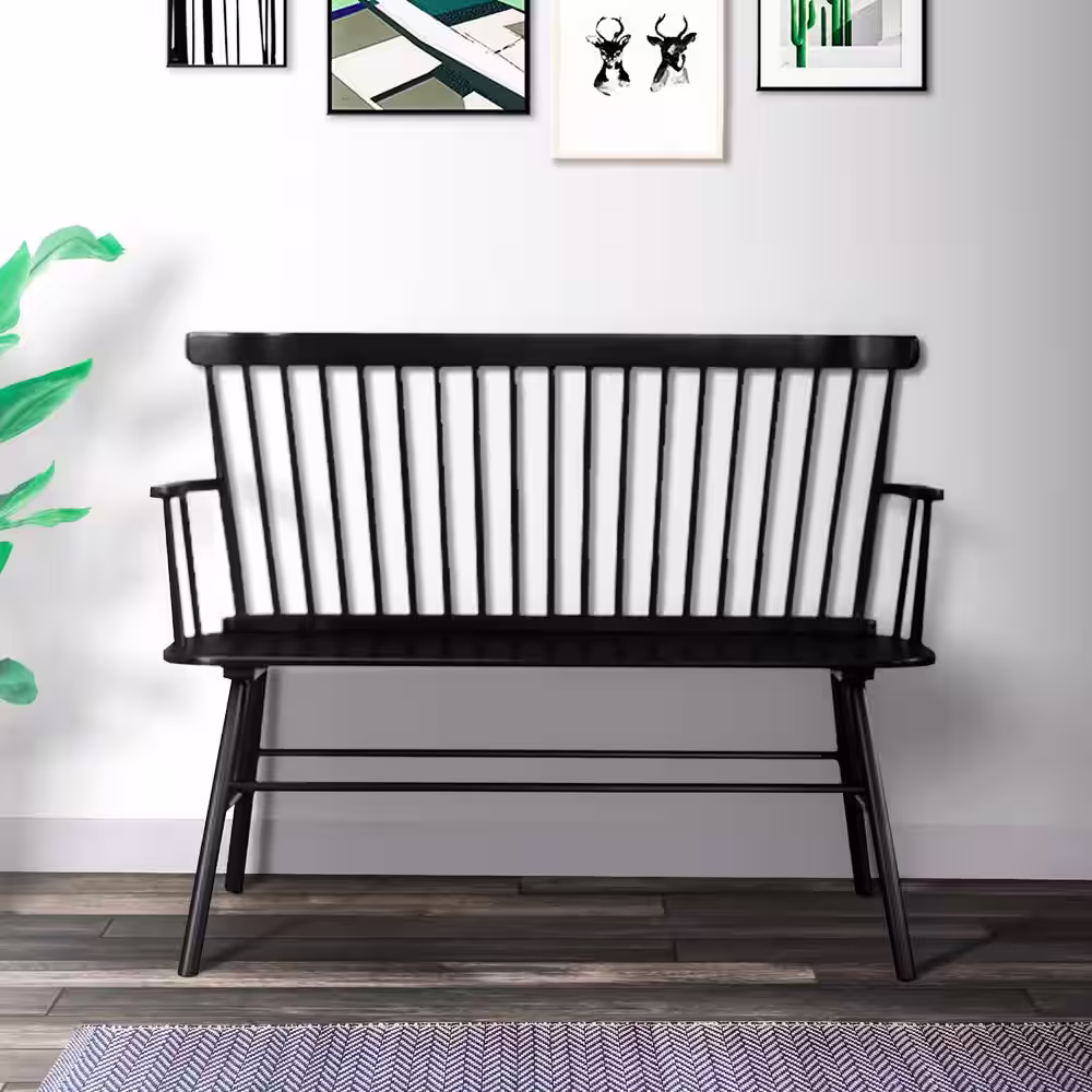 Benjara Transitional Style Black Curved Design Spindle Back Bench with Splayed Legs 48 in. L x 19 in.W x 36 in.H