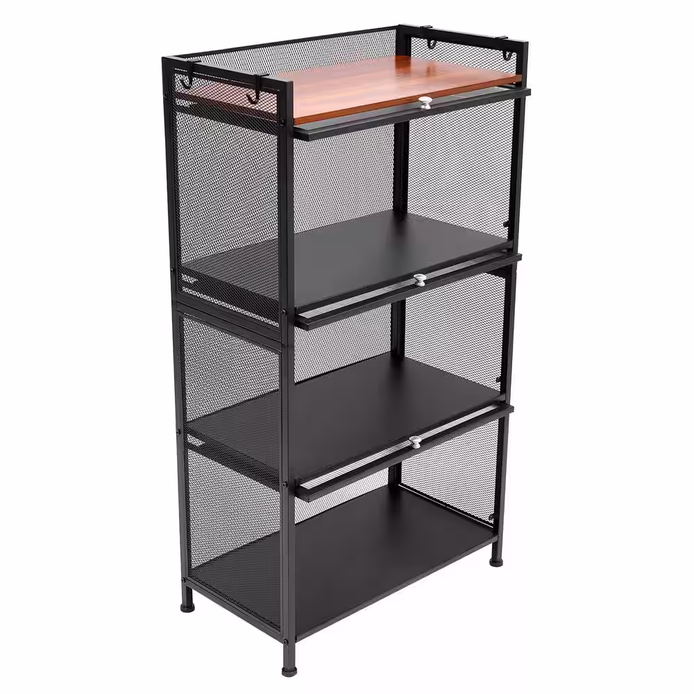 YIYIBYUS Black Rolling 4-Tier Steel PC Kitchen Shelving Unit with 4 Hooks (23.6 in. W x 43.1 in. H x 12.6 in. D)