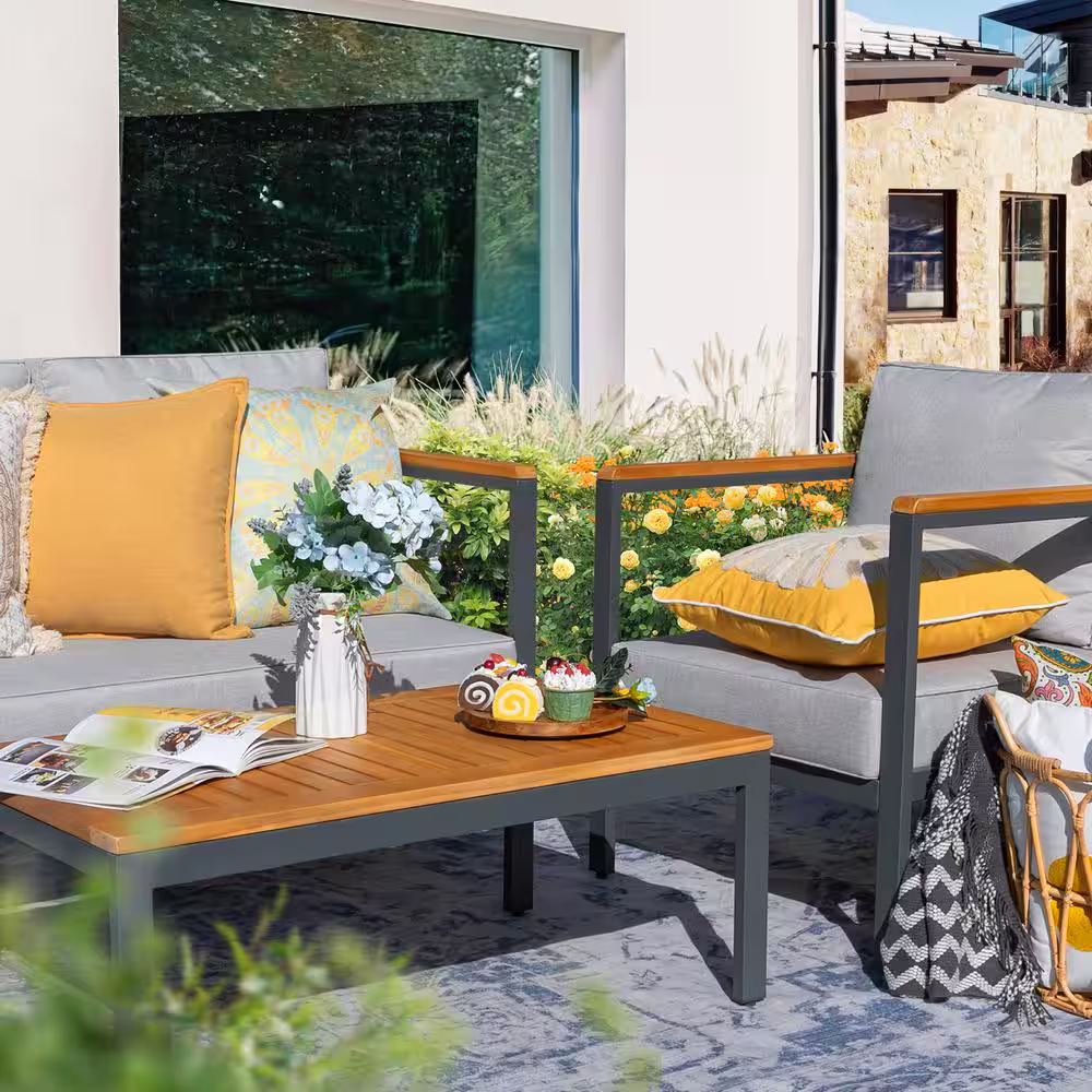 Tozey Chillrest Deluxe 4-Piece Acacia and Steel Patio Conversation Set with Ice Gray Cushion