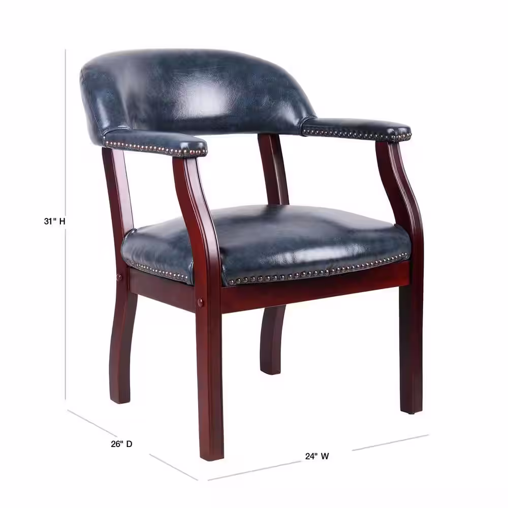 BOSS Office Products Antique Blue Vinyl Traditional Captains Chair, Mahogany Wood Finish, Brass Nail Heads