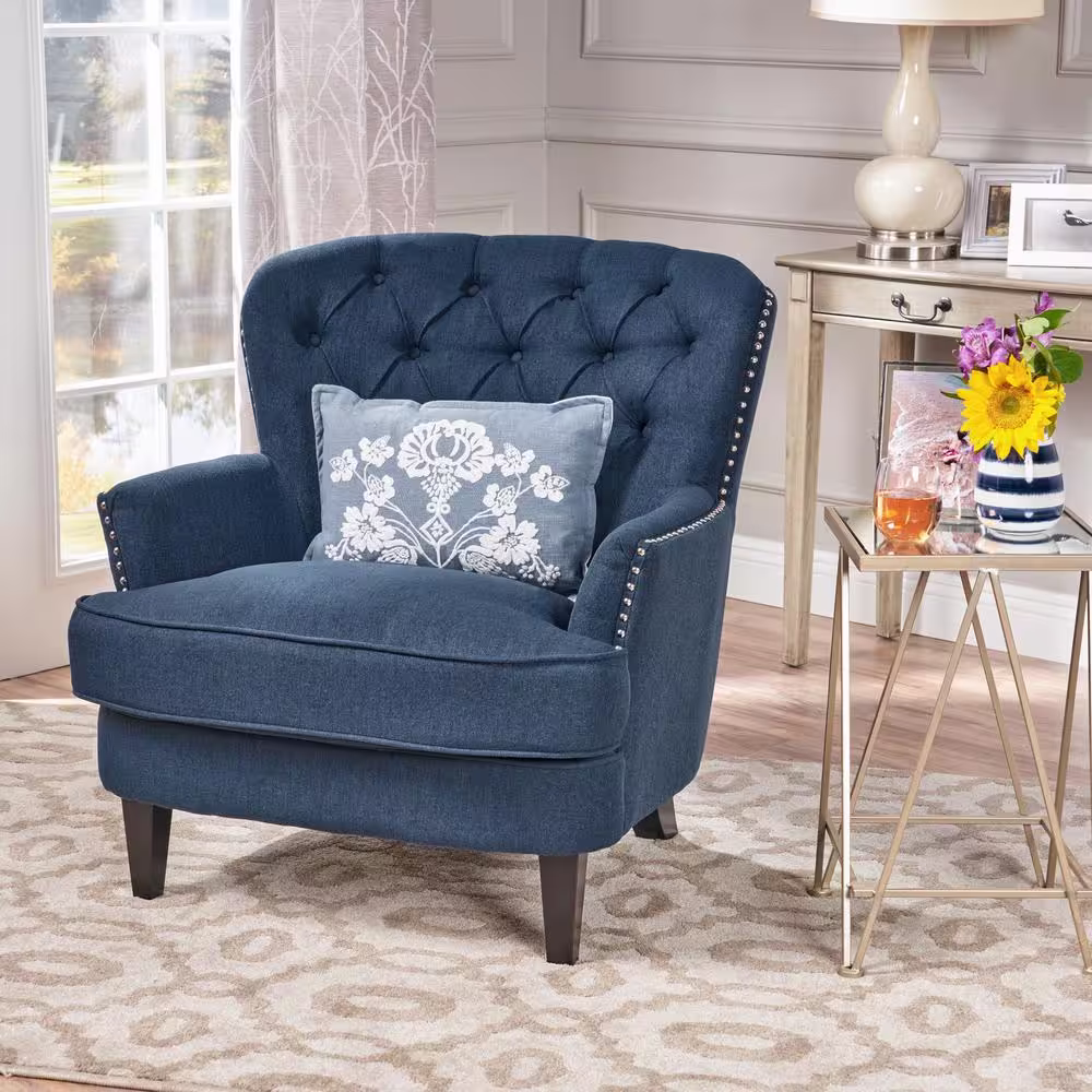 Noble House Tafton Dark Blue Fabric Tufted Club Chair