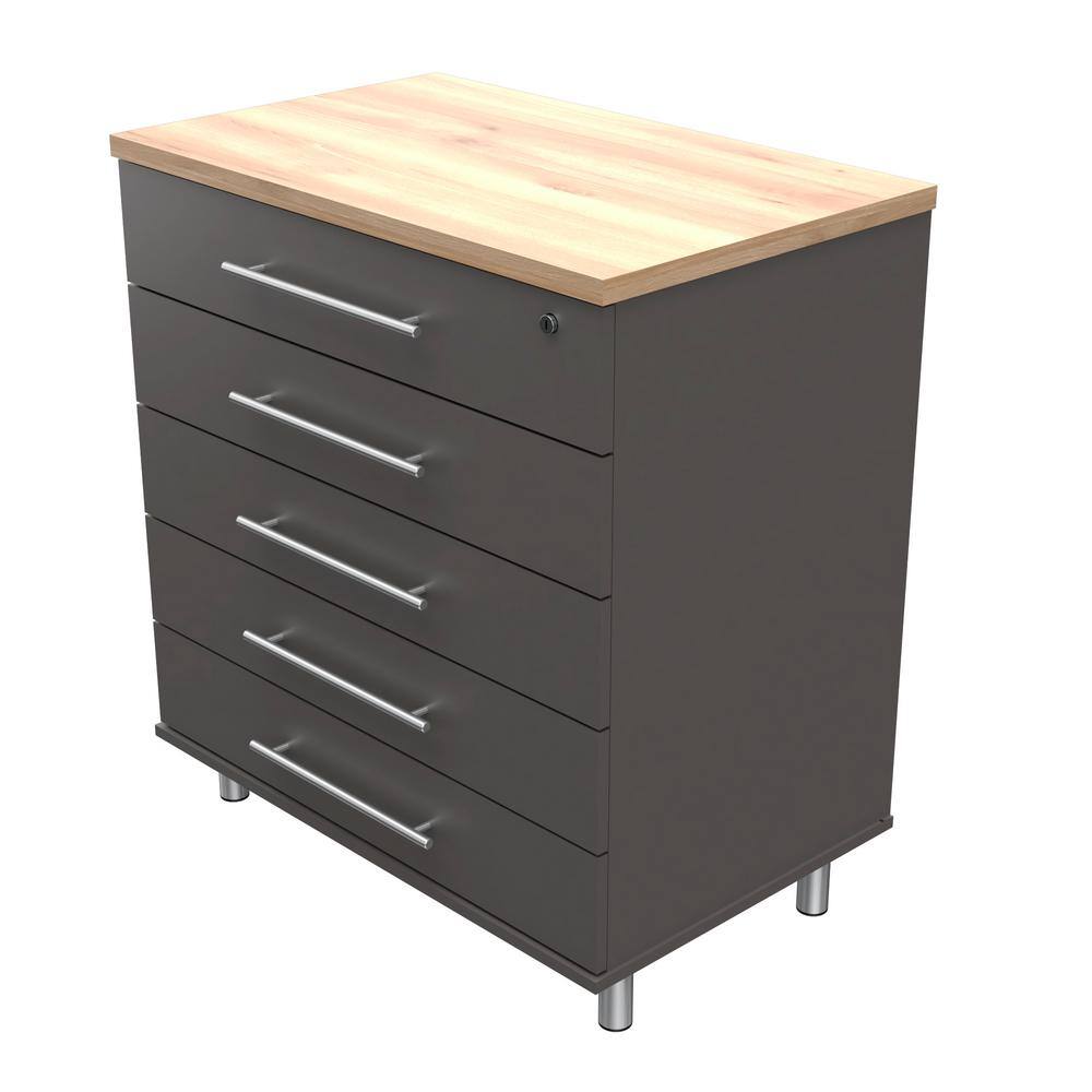 Inval KRATOS 31.5 in. W x 34.65 in. H x 19.69 in. D 5-Drawer Wood Garage Storage Freestanding Cabinet in Dark Gray/Maple