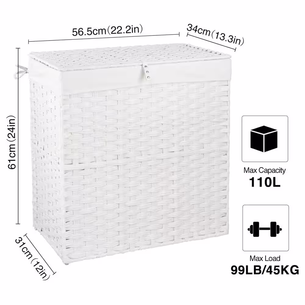 None 110L Rattan Laundry Basket Hamper with 2 Removable Liner Bags White