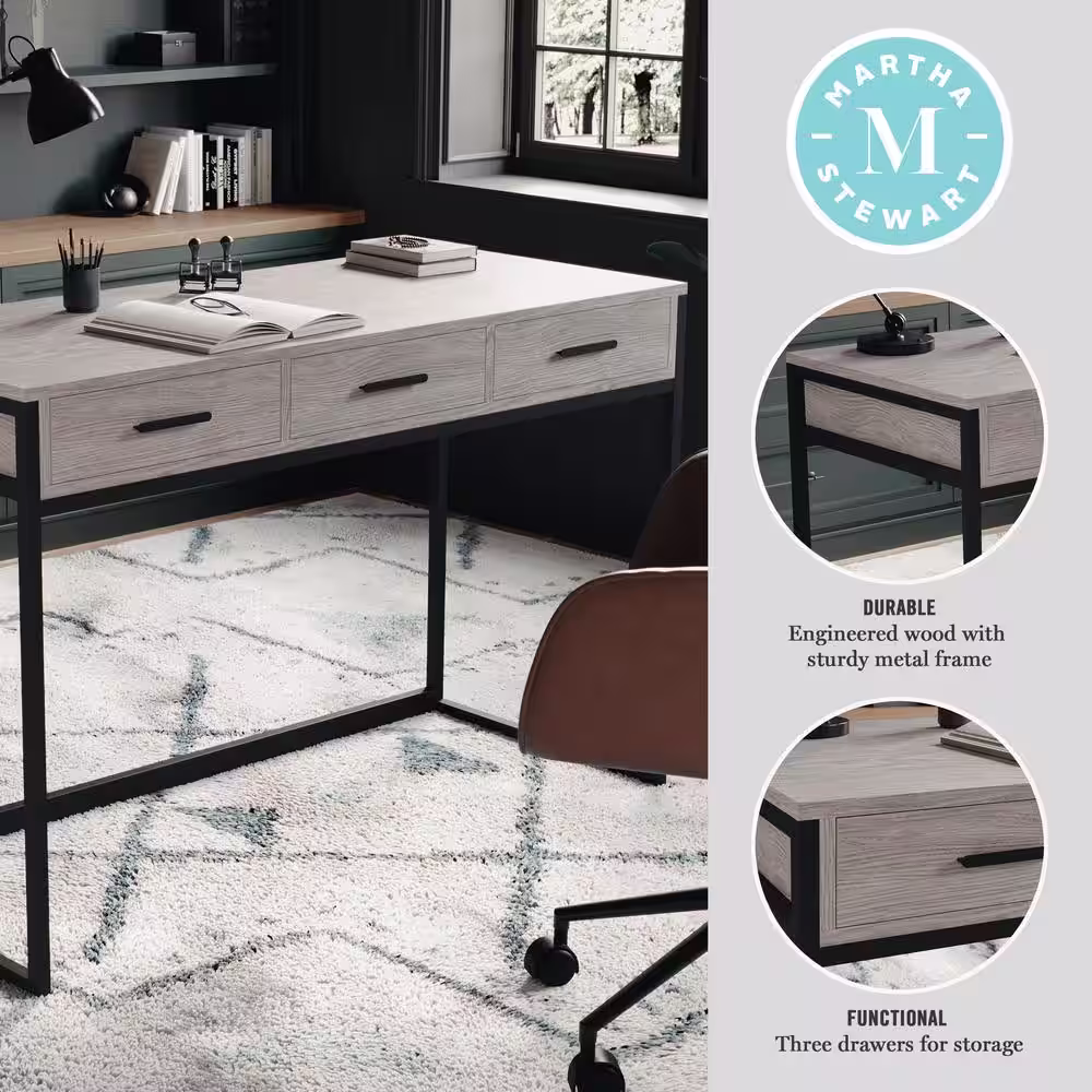 None 47 in. Rectangle Gray/Oil Rubbed Bronze Engineered Wood 3-Drawers Computer Desk