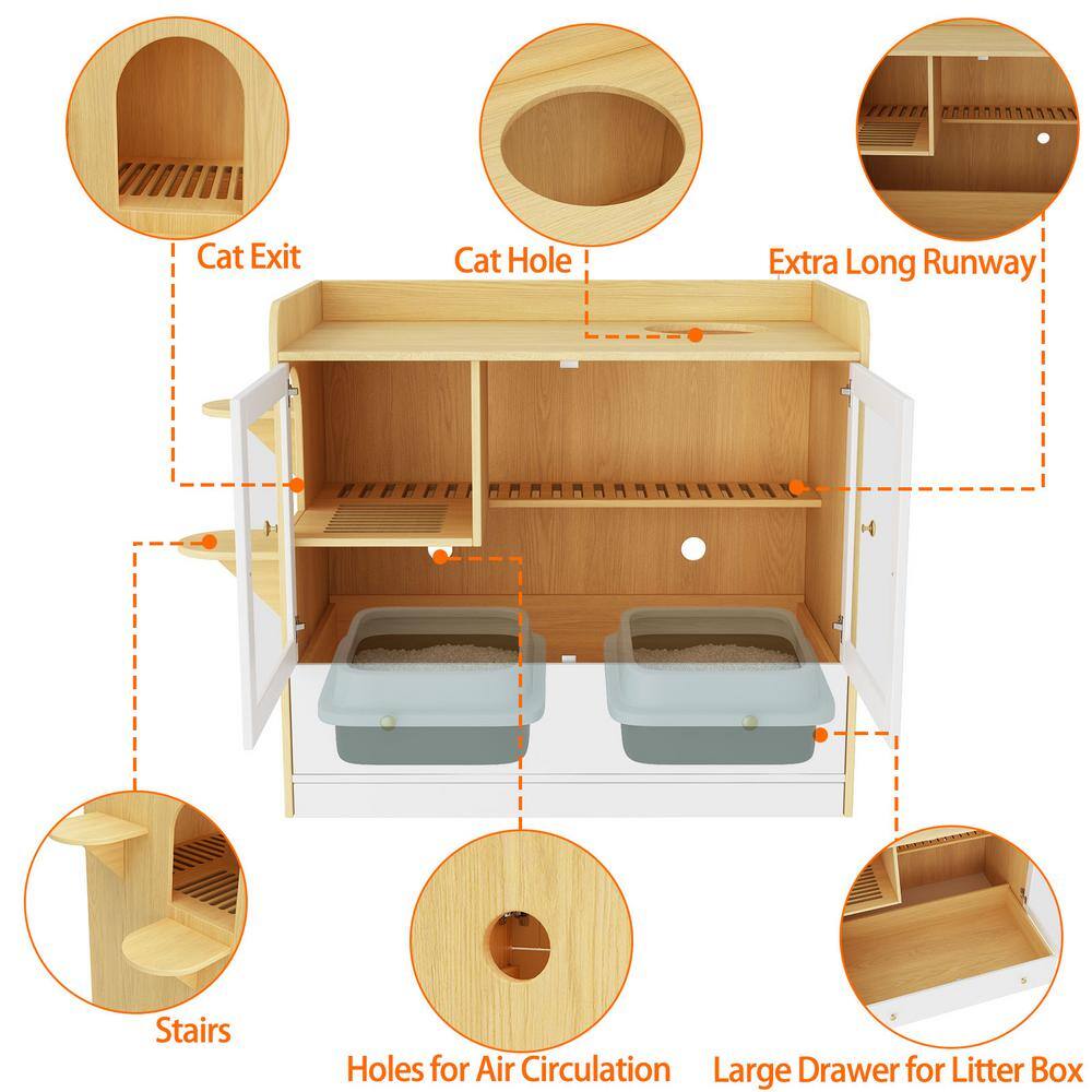 None XL Large Cat Litter Box Furniture Hidden, Cat Cabinet Nightstand Side Table with Large Drawer and Stairs, White with Log
