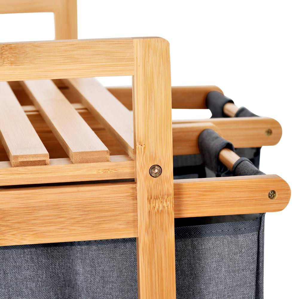 TOILETTREE Bamboo Laundry Hamper with Dual Compartments Two-Section Laundry Basket with Removable Sliding Bags & Shelf