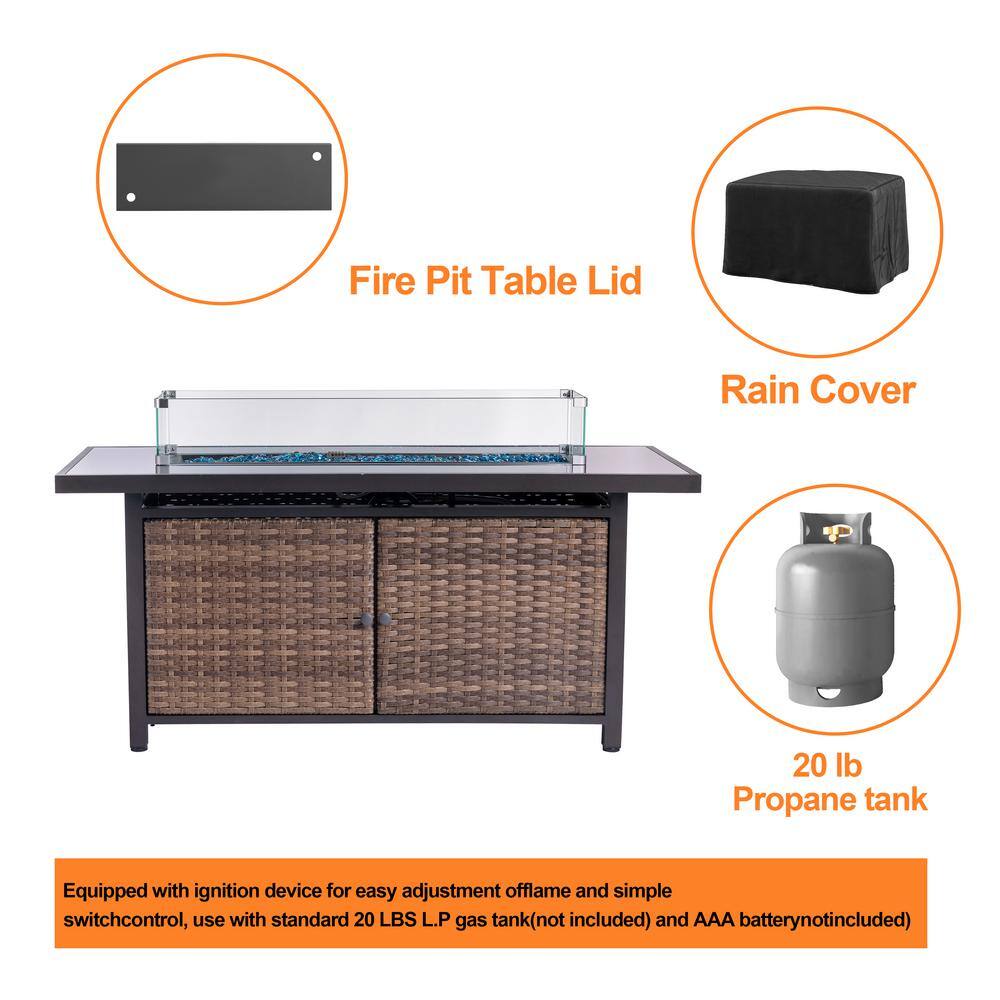None 57 in. Brown Rectangular Rattan Propane Gas Fire Pit Table 50,000 BTU with Ceramic Tabletop and Water-Resistant Cover