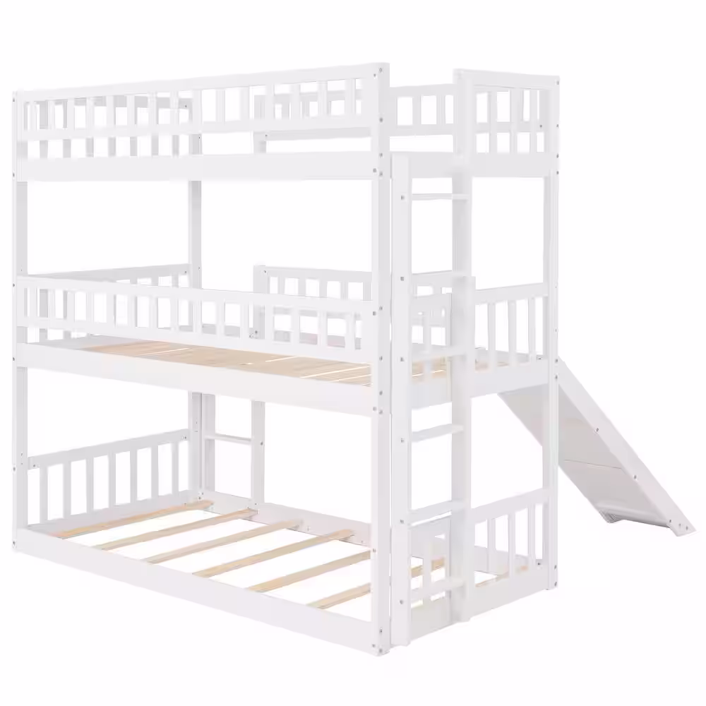 Harper & Bright Designs White Twin Triple Bunk Bed with Built-in Ladder and Slide