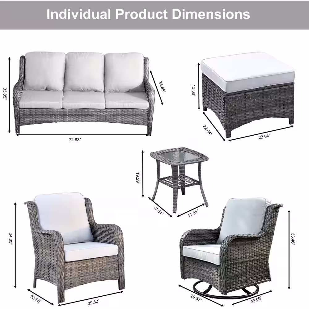 XIZZI Moonlight Gray 8-Piece Wicker Patio Conversation Seating Sofa Set with Gray Cushions and Swivel Rocking Chairs