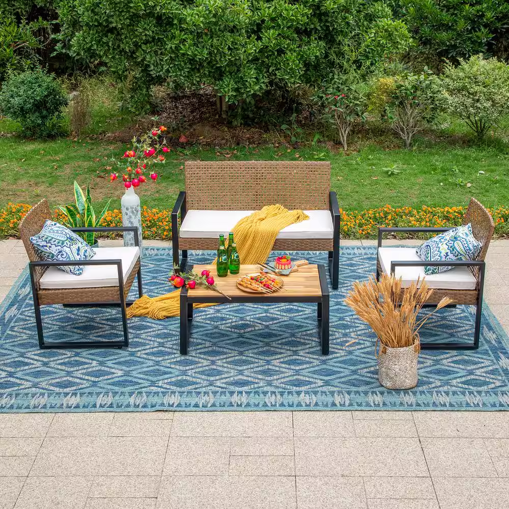 None Black 4-Piece Outdoor Wicker Patio Conversation Set with Beige Cushions