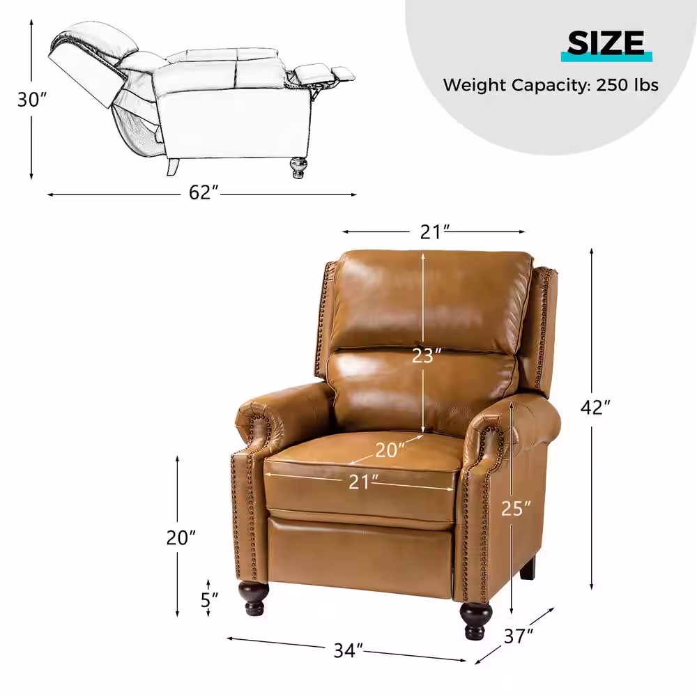 JAYDEN CREATION Elisabete Modern Retro Camel Nail Head Trim Genuine Leather Cigar Recliner with Tapered Birch Wood Legs