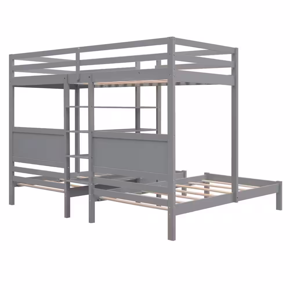 Harper & Bright Designs Gray Twin XL Over Twin and Twin Bunk Bed with Built-in 4 Shelves and Ladder