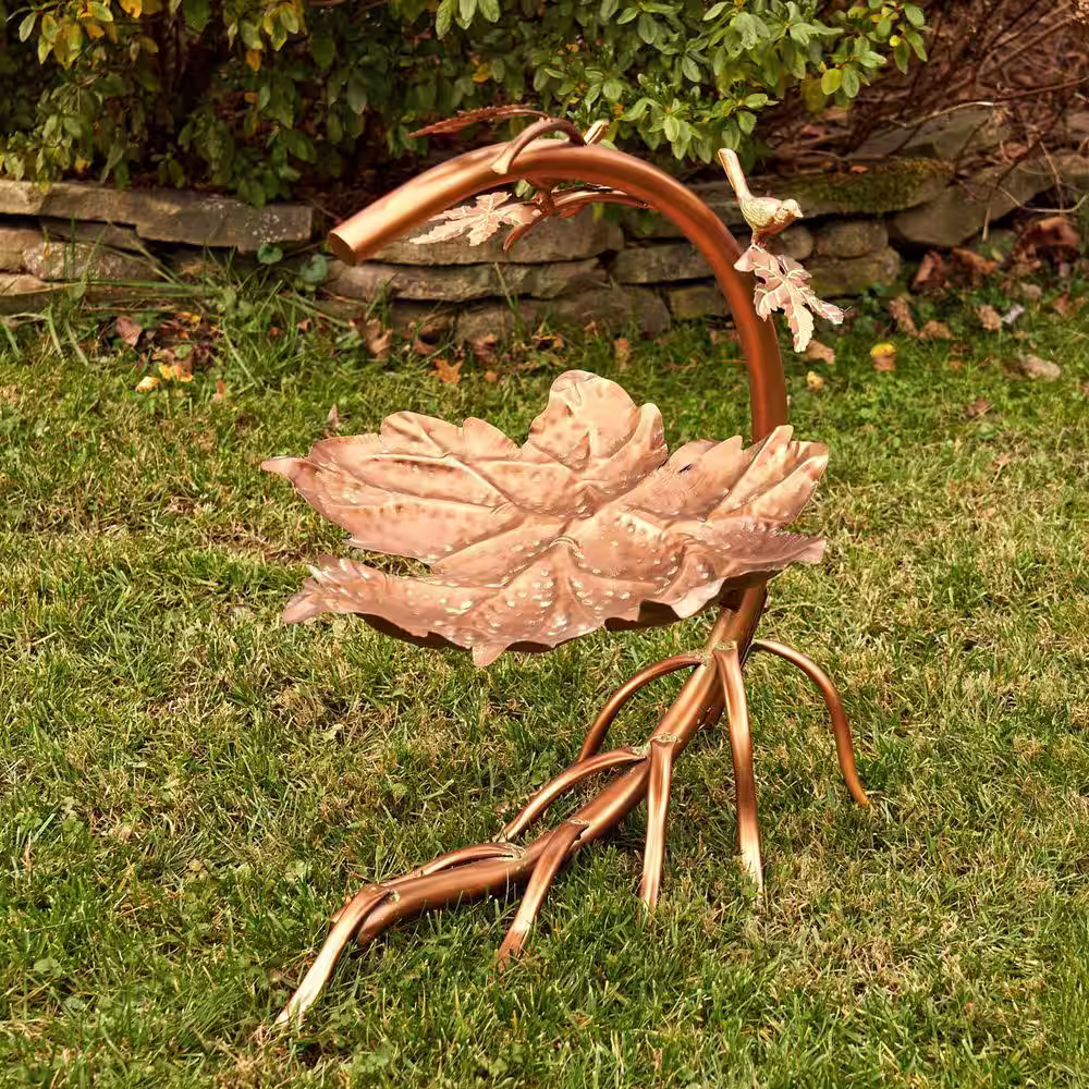 Zaer Ltd. International 29 in. Tall Maple Leaf Birdbath with Birds in Antique Copper