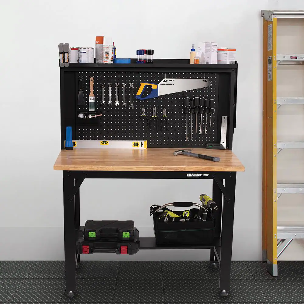 Montezuma 4 ft. Adjustable Height Steel Workbench with Solid Wood Top and Pegboard Back Wall