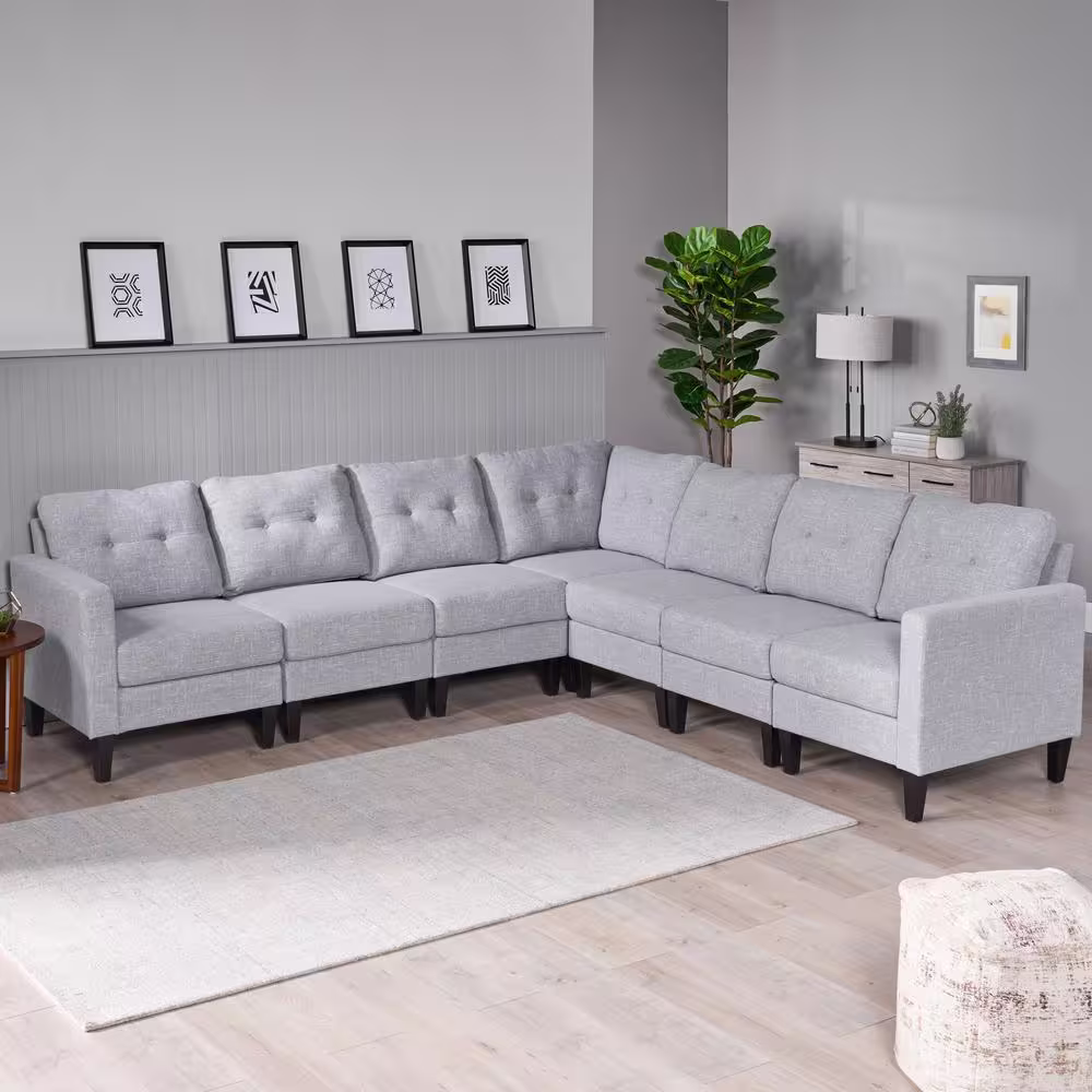 Noble House 7-Piece Gray Tweed/Dark Brown Polyester 6-Seater L-Shaped Sectional Sofa with Wood Legs