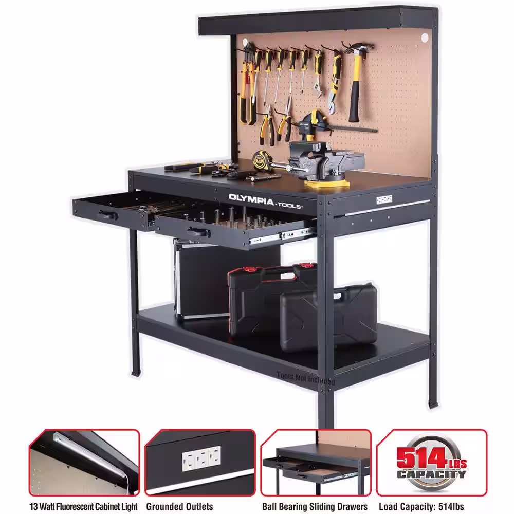 OLYMPIA 4 ft. W x 5 ft. H x 2 ft. D Black Steel Workbench with Built-In Power and Lighting