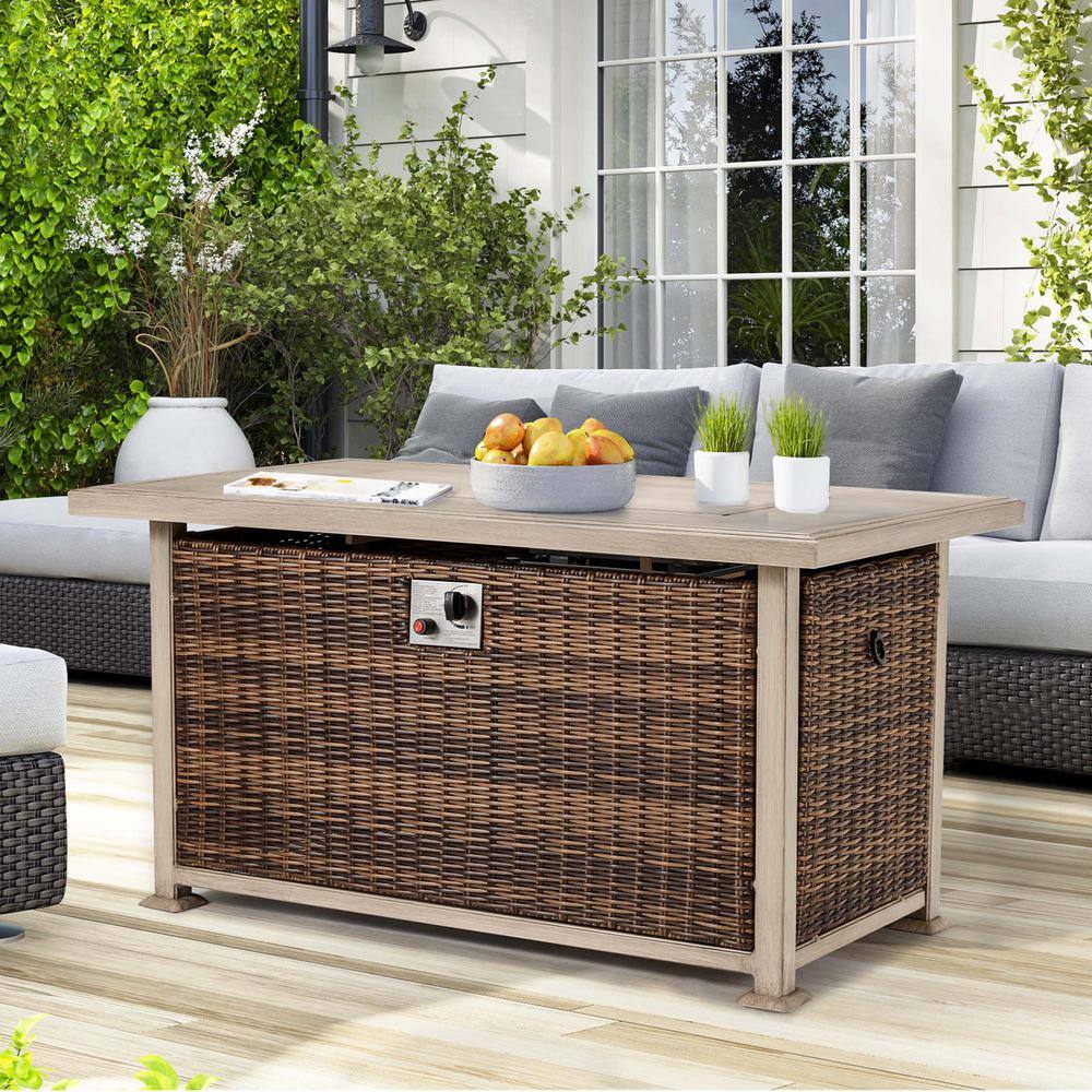 None Brown 50 in. Rectangular Wicker Propane Outdoor Fire Pit Table for Garden Patio Lawn