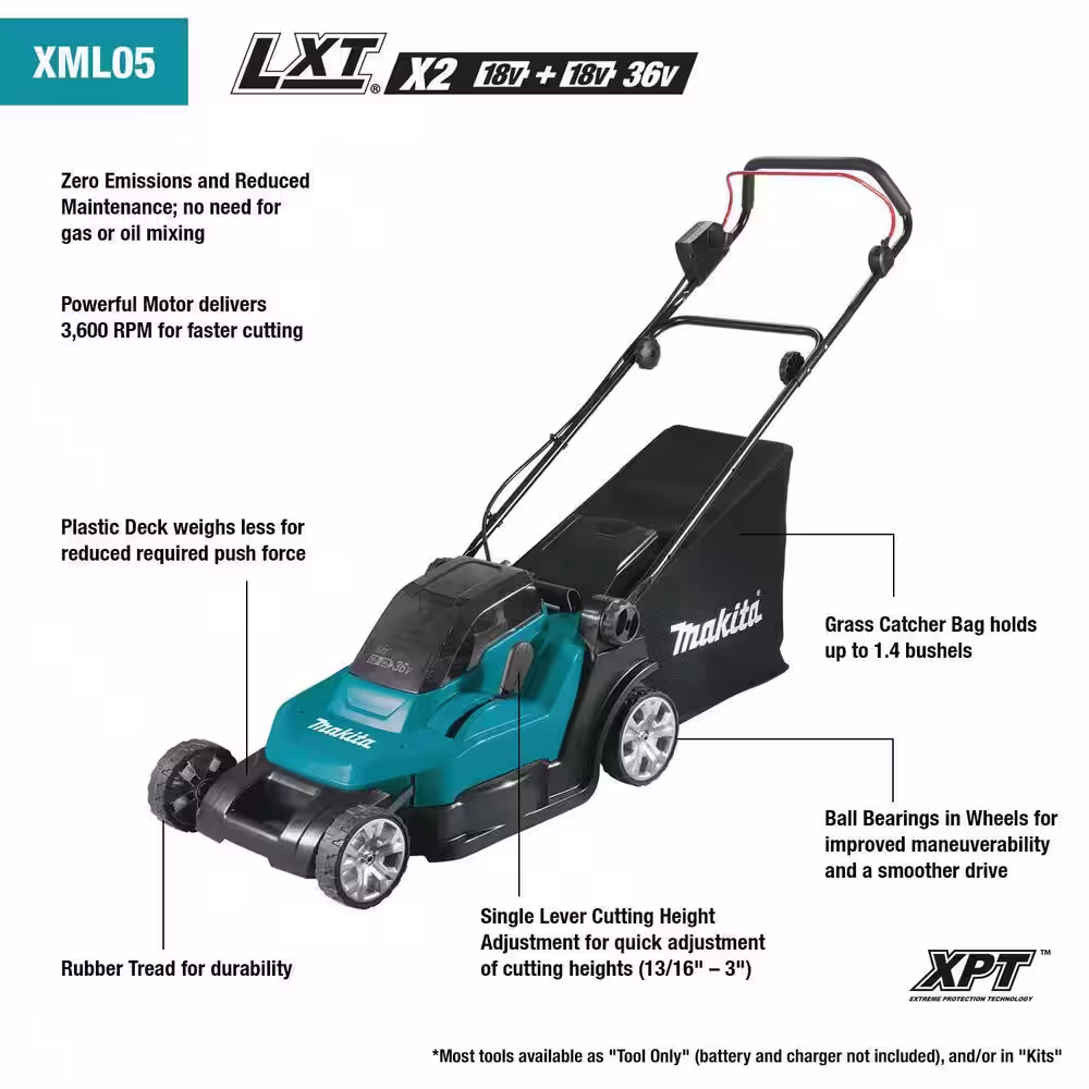 Makita 18-Volt X2 (36V) LXT Lithium-Ion Cordless 17 in. Walk Behind Residential Lawn Mower Kit (5.0Ah)