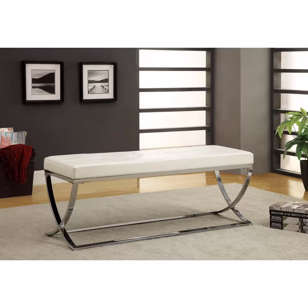 Coaster Home Furnishings Man-Made Leather Bench with Metal Base White and Chrome
