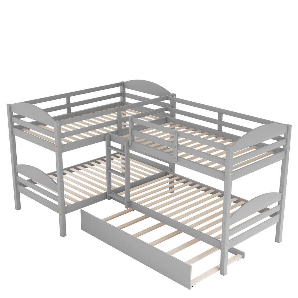 None Gray Twin Size L-Shaped Bunk Bed with Trundle, Converted Into 2 L-Shaped Bed, Built-In Ladder and Guardrail, Wood