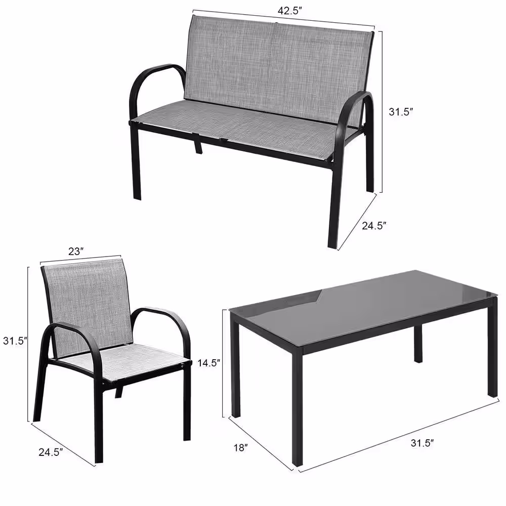Costway Gray 4-Pieces Metal Frame Patio Conversation Furniture, Sofa Black Table, Garden Deck Seating Set