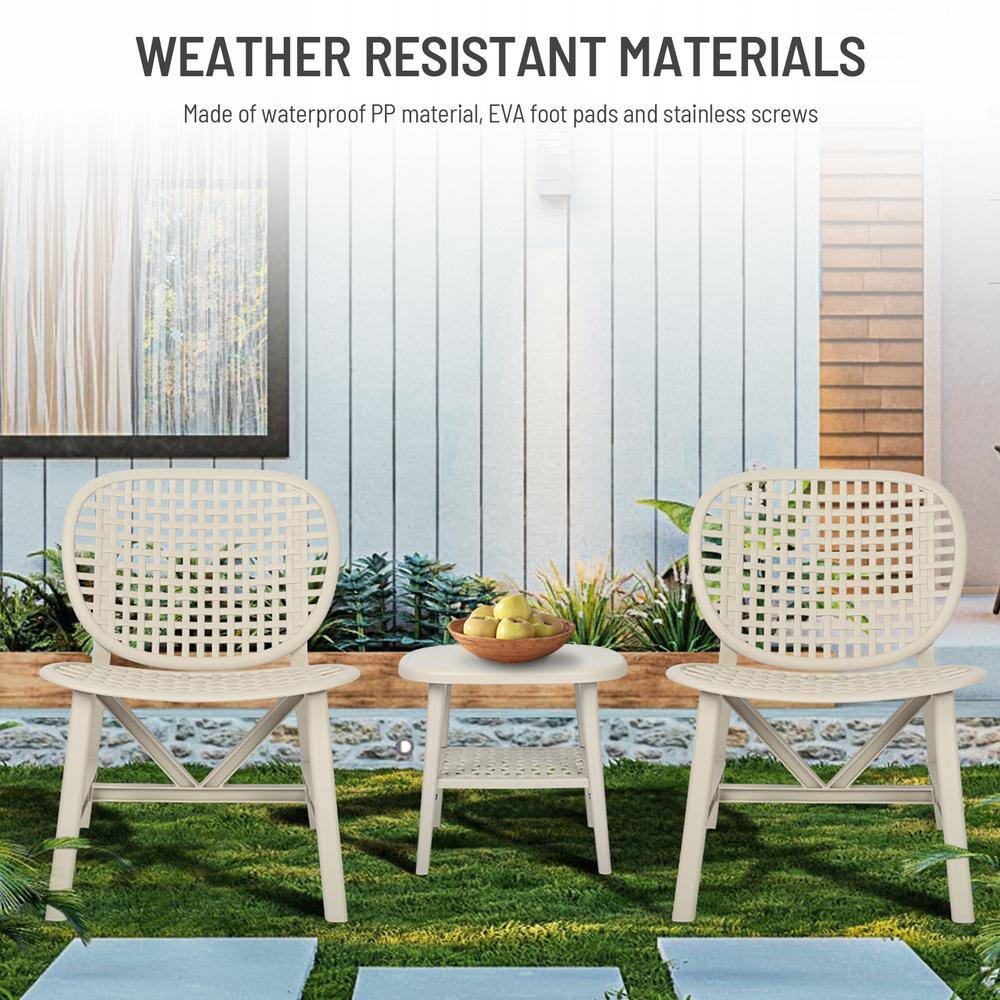None White 3-Pieces Hollow Design Plastic Patio Conversation Bistro Set with Open Shelf and Lounge Chairs with Widened Seat