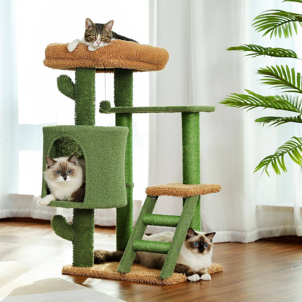 None 35.6 in. H Cat Tree Cat Tower with Condo and Dangling Ball in Green