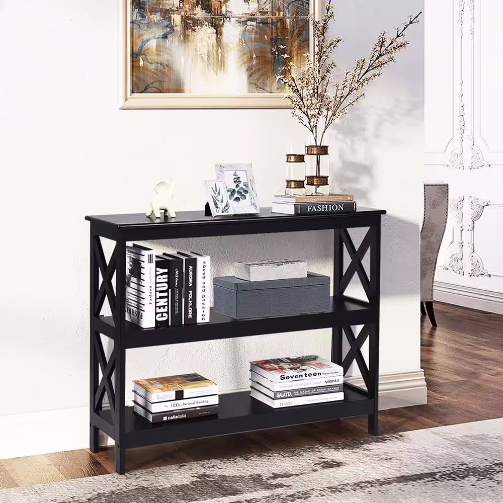 Costway 39.5 in. Black Standard Rectangle Wood Console Table with Shelf