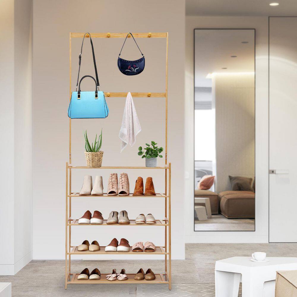 None 69.29 in. H 12-Pair Multifunctional Wood Shoe Rack with 10 Hooks