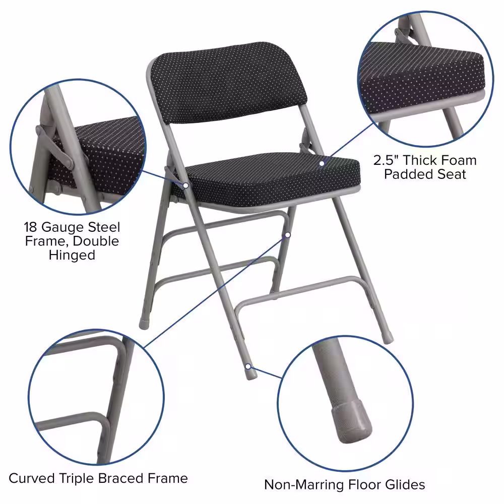 Flash Furniture Hercules Series Premium Curved Triple Braced & Double Hinged Black Pin-Dot Fabric Upholstered Metal Folding Chair