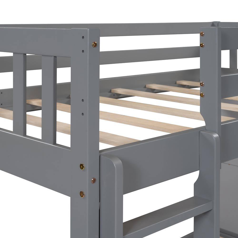 Qualler Gray Twin over Twin Bunk Bed with 4 Drawers and 3 Shelves