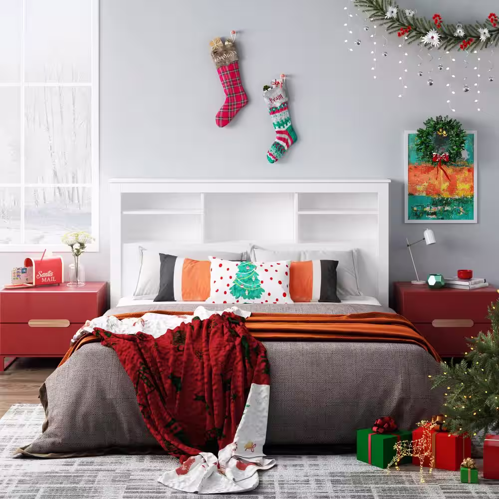 None White Full Queen Wood Headboard Shelf with Socket Adapter USB Interface, Shelves and LED Lights