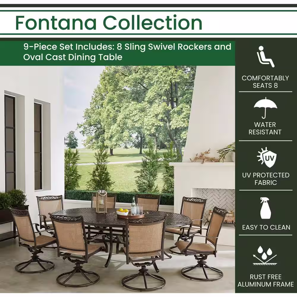 Hanover Fontana Bronze 9-Piece Aluminum Outdoor Dining Set, 8 Swivel Rocker Chairs and 95 in. x 60 in. Oval Table, All-Weather