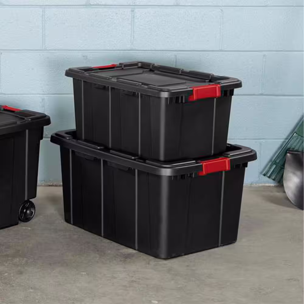 Sterilite 27-Gallon Durable Rugged Industrial Tote w/Red Latches in Black (4 Pack)