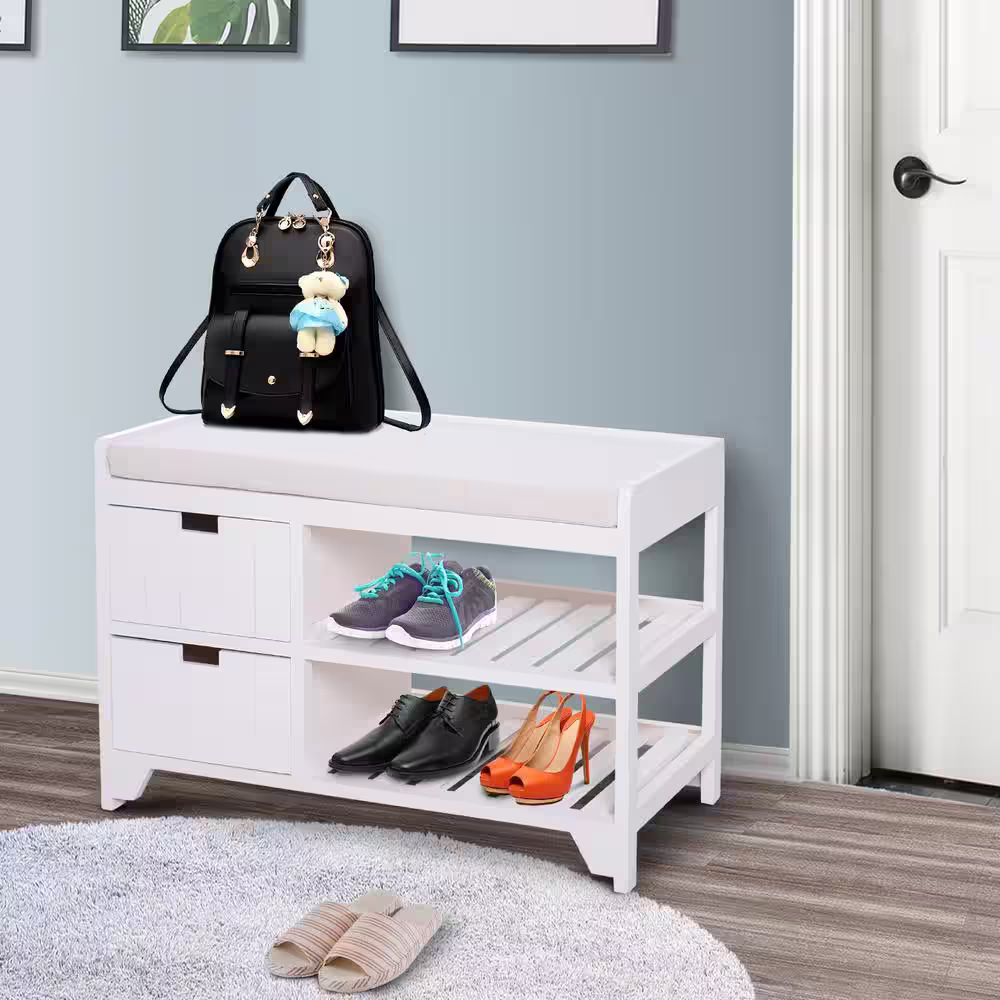 HOMCOM 19 in. H x 27.25 in. W 4-Pair White Wood Shoe Storage Bench with Cushion, Entryway Rack with Drawers, Open Shelves