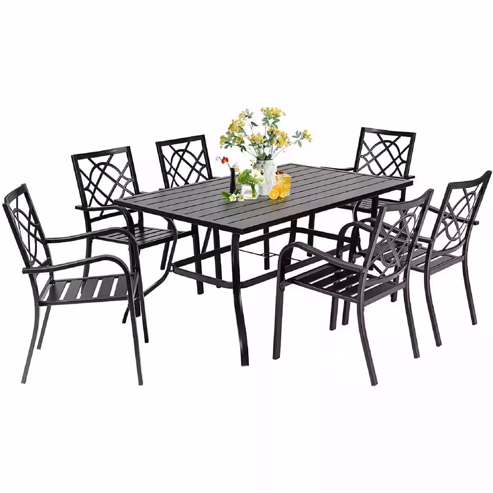 None 7-Piece Metal Outdoor Dining Set with 6 Stackable Chairs and 1 Rectangular Dining Table with 1.57 in. Umbrella Hole