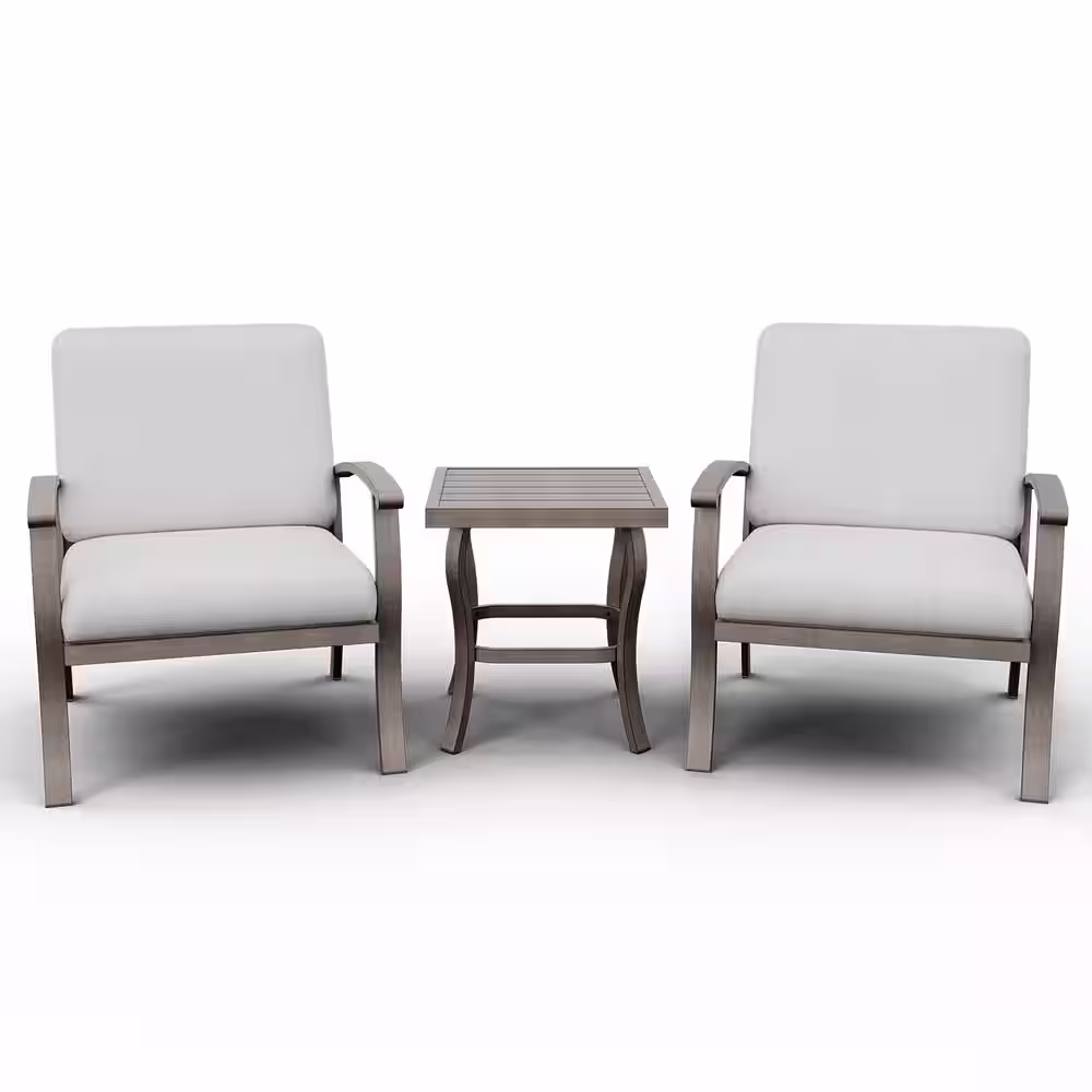None 3-Piece Aluminum Patio Conversation Set with End Table and Light Gray Cushions