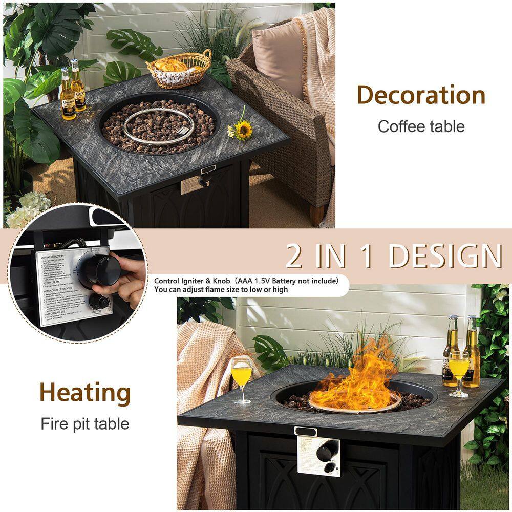 None 50,000 BTU Propane 32 in. Stone Metal Fire Pit Table Square Tabletop with Lava Rocks Cover