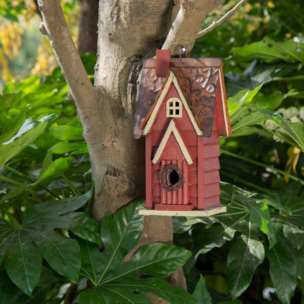 Glitzhome 12 in. H Wood Red Cottaage Solid Distressed Birdhouse