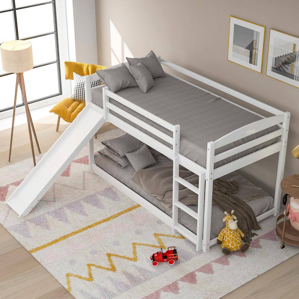 Harper & Bright Designs White Twin Bunk Bed Over Low with Slide and Ladder