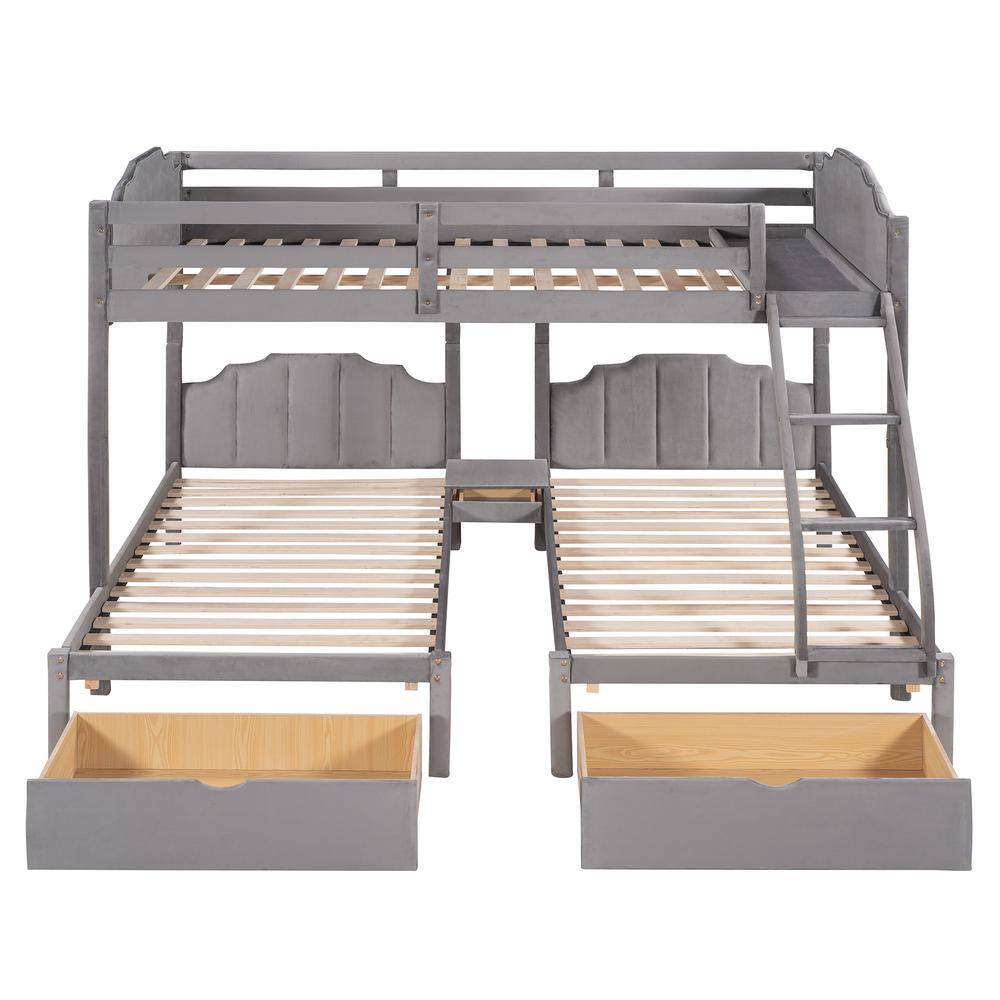 Harper & Bright Designs Gray Full Over Twin and Twin Velvet Bunk Bed with 3-Drawers