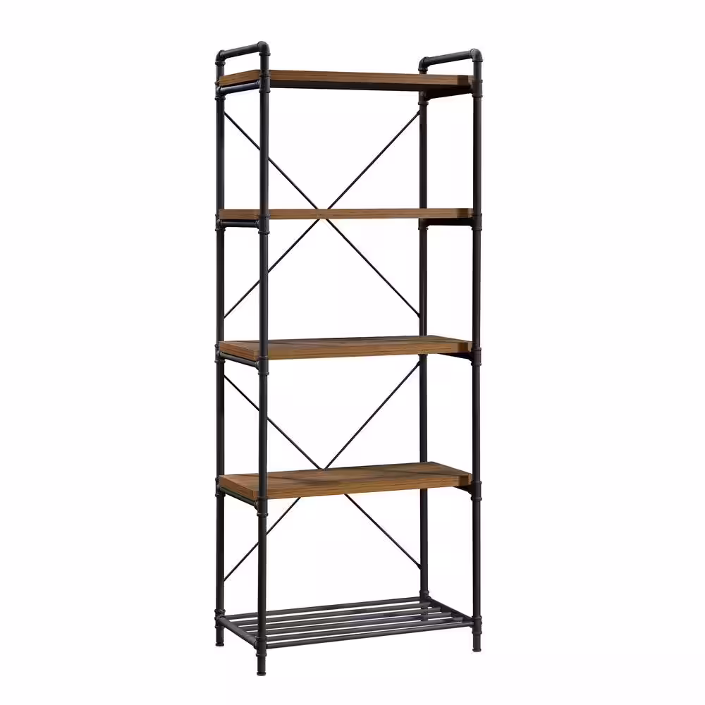 SAUDER 75.66 in. Checked Oak Metal 5-shelf Accent Bookcase with Open Back