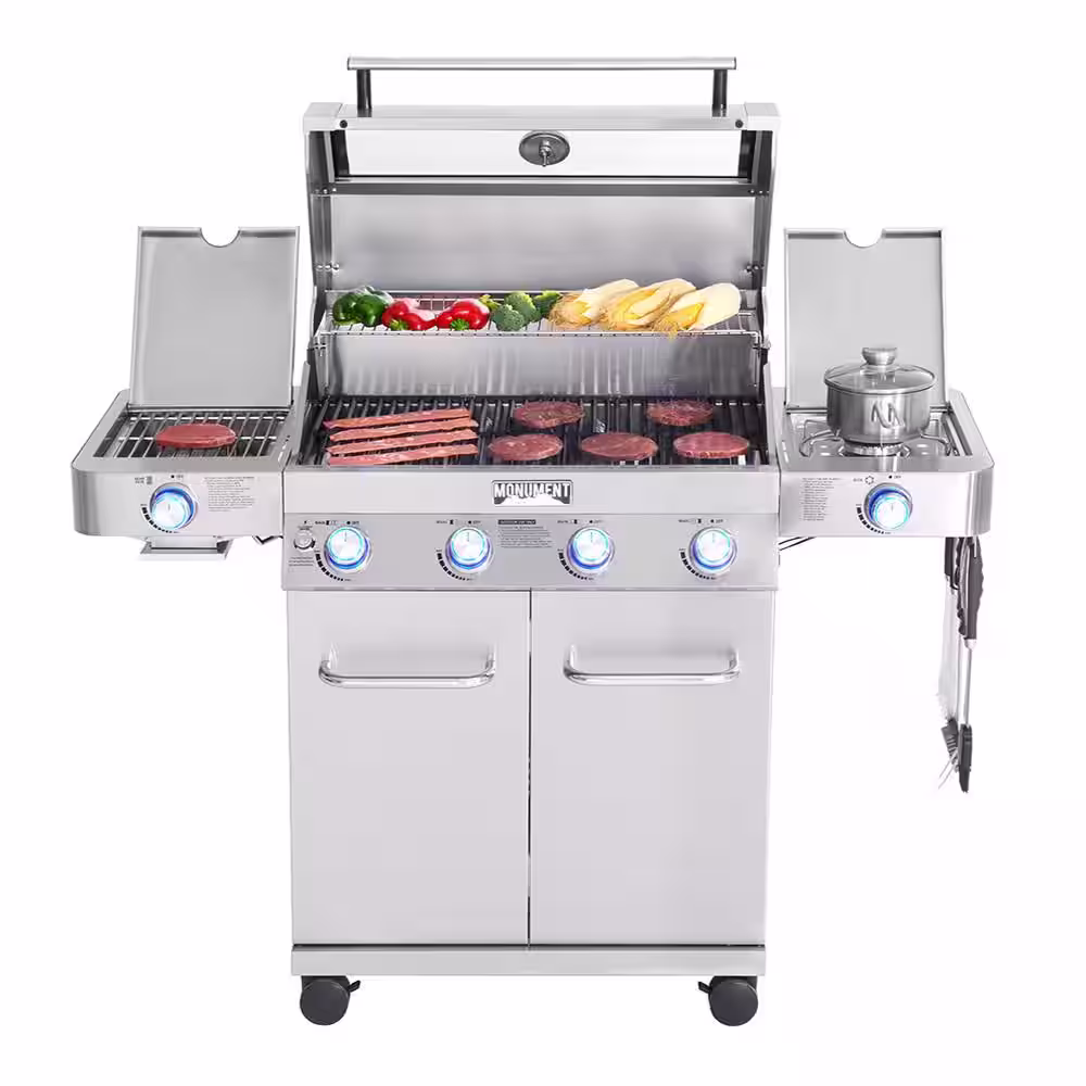Monument Grills 4-Burner Propane Gas Grill in Stainless with Clear View Lid, LED Controls, Side and Sear Burners