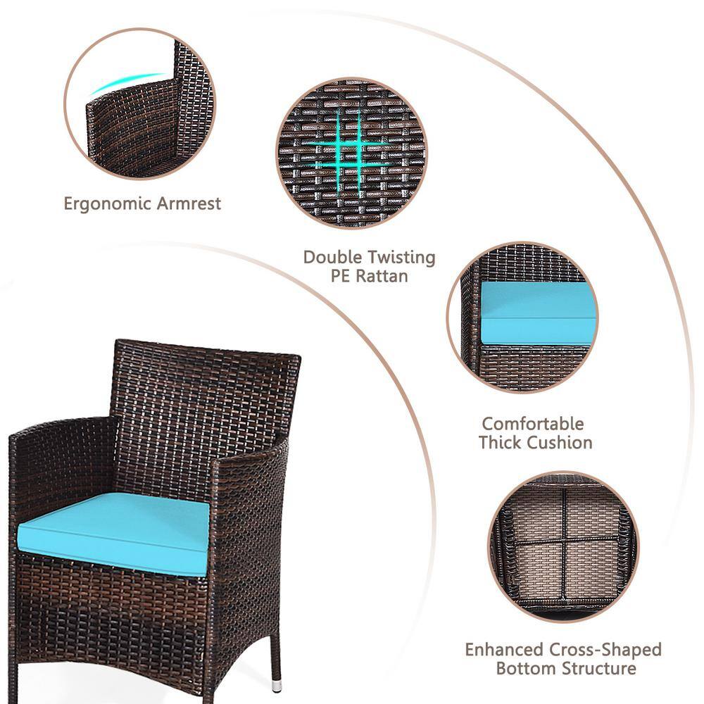 None 3-Piece Plastic Wicker Patio Conversation Set with Turquoise Cushions