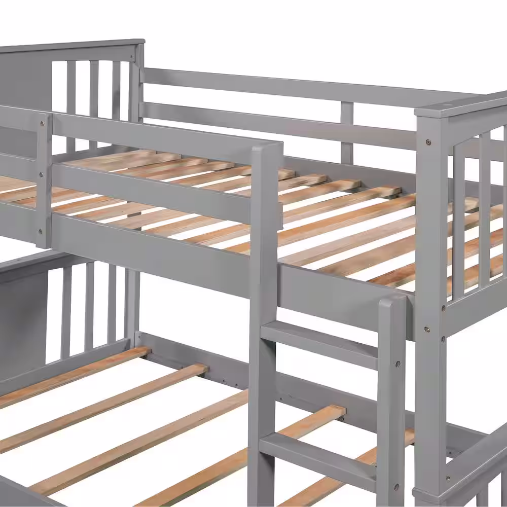 Harper & Bright Designs Gray Twin Over Twin. Wood Low Bunk Bed with Ladder