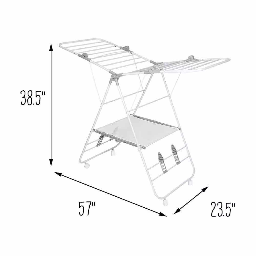 Honey-Can-Do 23.5 in x 38.5 in. White Steel Rolling Folding Wing Drying Rack